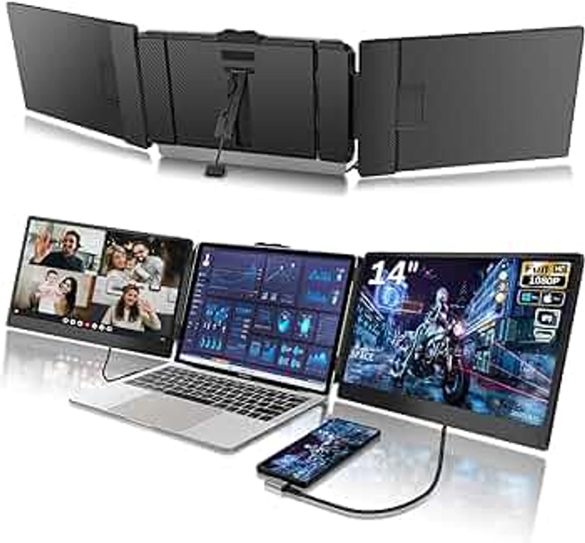 Laptop Screen Extender Monitor Triple Portable Monitor for Laptop 14 Inch 1080p Fhd IPS Laptop Monitor Extender Plug and Play Type-C/Hdmi for Windows,Mac 13-17.3 Inch Laptop