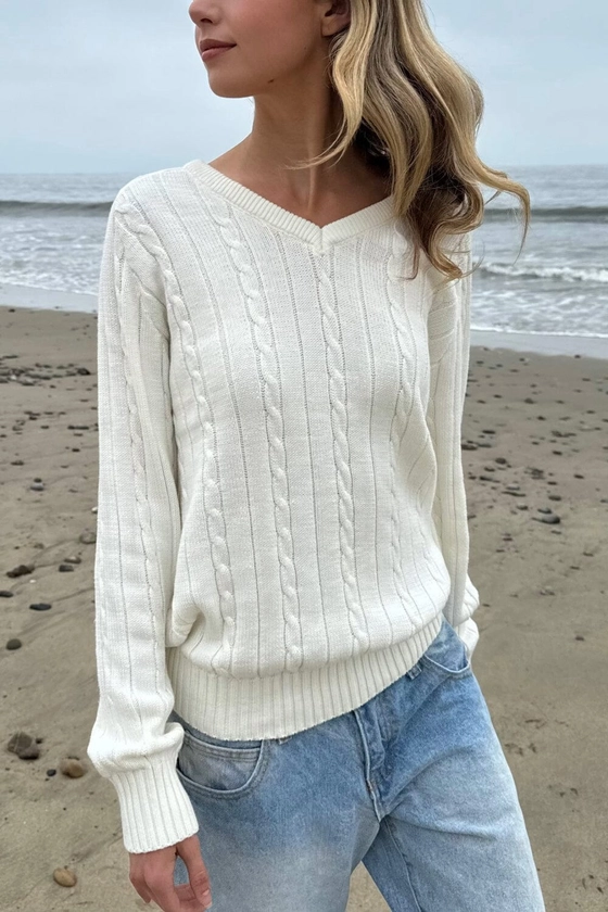 Ida Cotton Cable Knit V-Neck Sweater