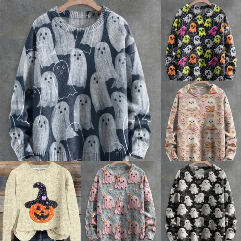 Suéter con estampado Digital de aguja gruesa de fantasma 3D, Sudadera con capucha de Material de calle de calabaza de cuello redondo Retro para Halloween y otoño, novedad de 2024 - AliExpress