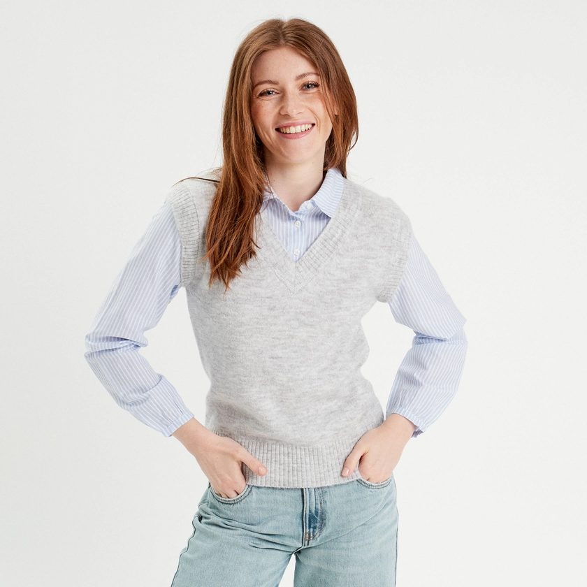 Pull 2-en-1 col en V gris clair femme | Vibs