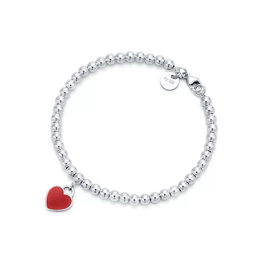 Return to Tiffany™ Bracelet de perles Plaque Cœur rouge en argent 925 millièmes