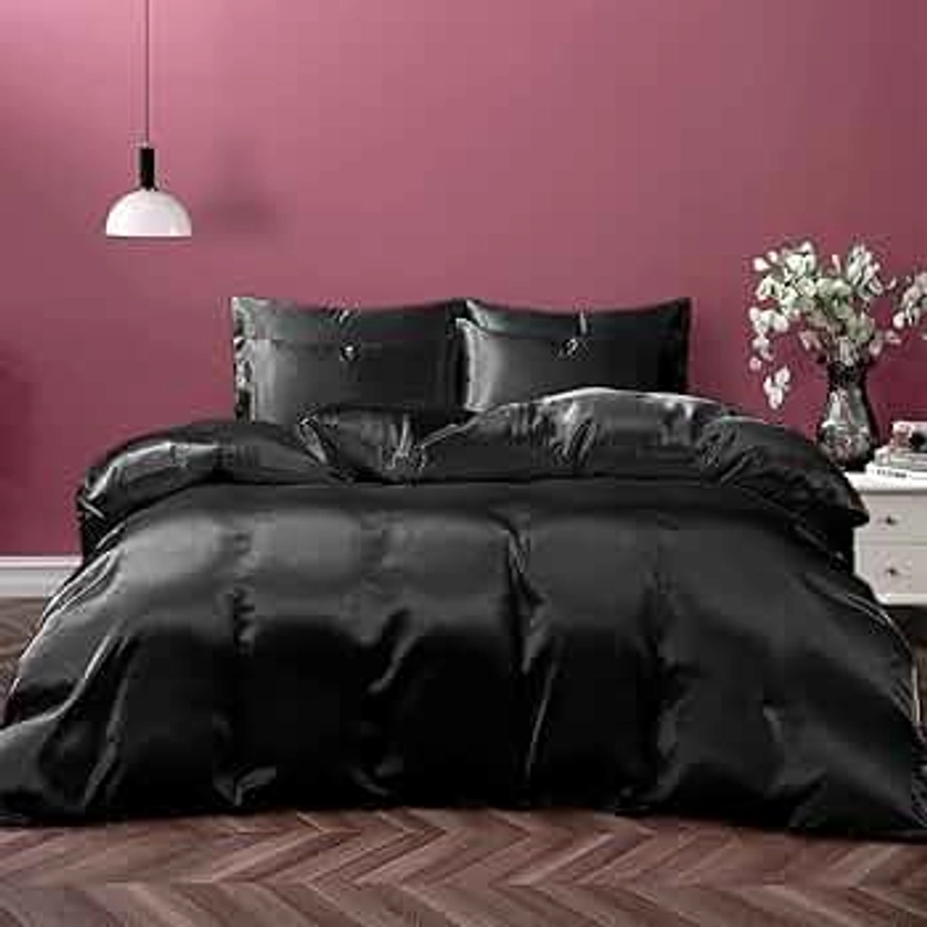 Silk Satin Sheet Set| 100% Pure Silk Satin Sheet Set 7pc Silk Fitted Sheet 15" Deep Pocket, Silk Flat Sheet, Silk Duvet Cover & Pillowcases Set !!(Queen Black)