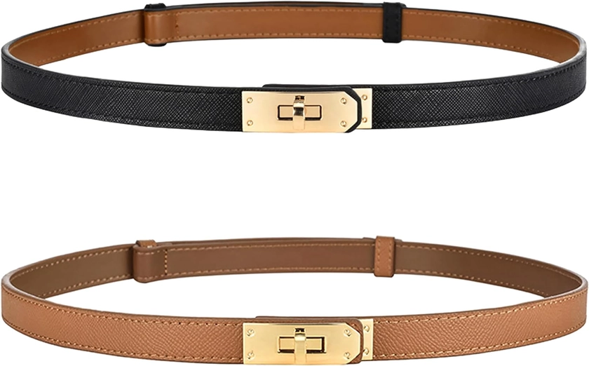 Adjustable Thin Belts for Women Leather Skinny Belt for Women Dresses Solid Color Alloy Turn Lock Belts