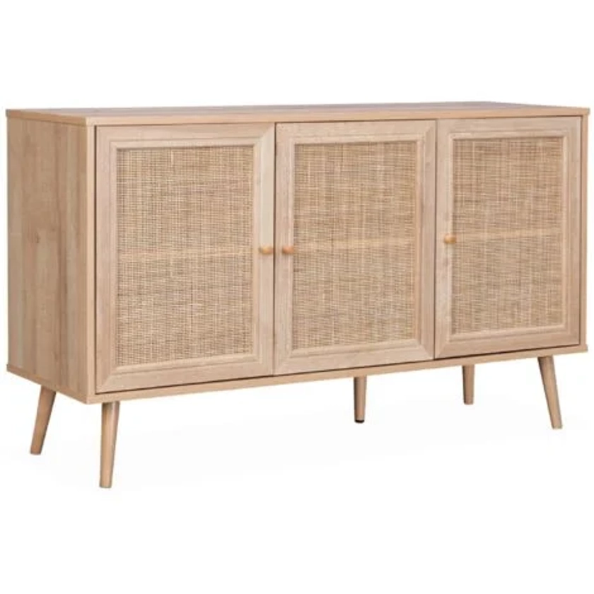 Buffet de rangement en cannage 120x39x70cm - Bohème - 2 niveaux. 3 portes. pieds scandinaves. buffet bas