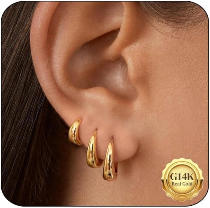 Gold Hoop Earrings for Women,14k Gold Plated Small Gold Hoop Earrings Set Hypoallergenic,Gold Huggie Hoop Cartilage Earrings,Chunky Hoop Earrings Stack Non Tarnish