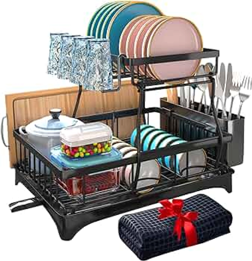 Godboat Dish Drying Rack, 2-Tier Dish Racks for Kitchen Counter, Dish Rack with Drainboard & Mat, Dish Drainer with Knife, Fork & Cup Rack, Gifts for Women, Mothers Day, Cool Stuff & Kitchen Gadgets