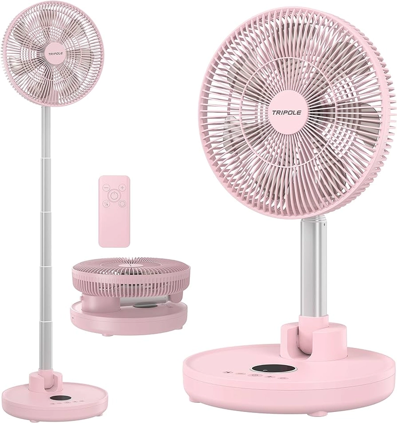 TriPole 12” Foldaway Standing Fan, 6 Speeds Oscillating Pedestal Fan with Remote Control, 12000mAh Battery Operated Floor Fan, 5-31.5H Working Portable Desk Fan for Bedroom Home Office Camping, Pink