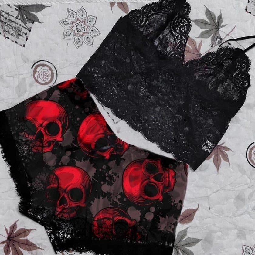 Red Skull Gothic Punk Lace, Goth Lingerie Set For Women