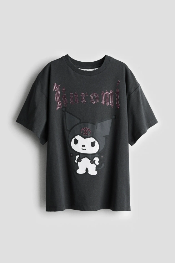 Oversized printed T-shirt - Round neck - Short sleeve - Dark grey/Kuromi - Kids | H&M GB