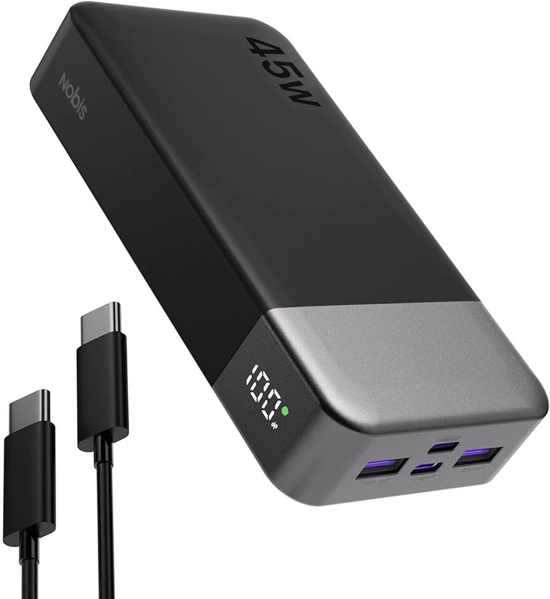 NOBIS Power Bank, 45W 20000mAh Portable Charger, USB C Fast Charging, 4 Ports External Battery Pack with LED Digital Display, Compatible with Laptop, iPhone 15 14 13 Pro Samsung S23 S22 (Black)