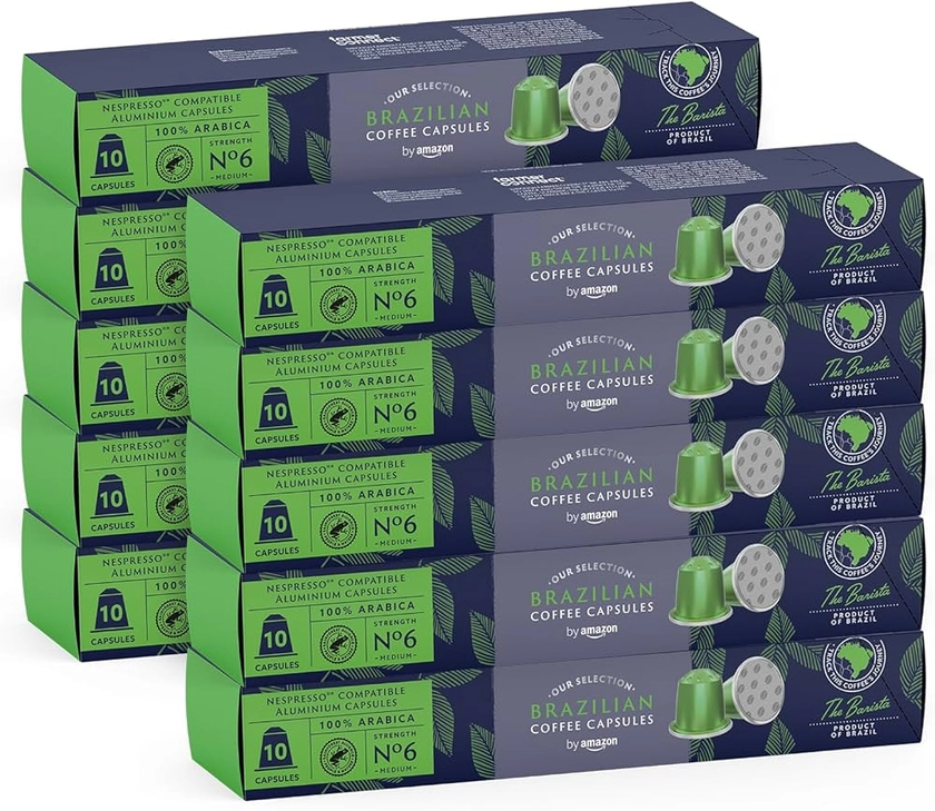 by Amazon Brazilian Coffee Nespresso Compatible, Medium Roast, 100 Aluminium Capsules, 100 Count, Pack of 10 - Rainforest Alliance Certified : Amazon.co.uk: Grocery