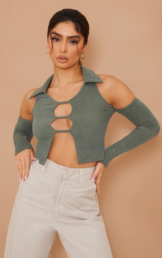 Khaki Rib Cut Out Cold Shoulder Crop Top