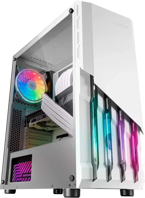 MARSGAMING MCX2W MC-X2 Blanc, Boîtier PC Gaming ATX, Front Acier FRGB, 2 Ventilateurs FRGB 12 cm, Fenêtre Latérale Complète