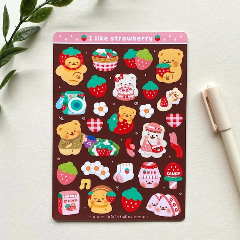 I Like Strawberry sticker sheet - cute, kawaii, aesthetic, bear, strawberry, Korean, asian