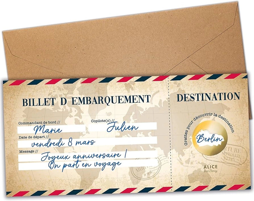 Carte à gratter Voyage Surprise - Carte embarquement personnalisable à offrir - Billet avion annonce - Cadeau Anniversaire EVJF - En français - Modèle vintage (1 carte)