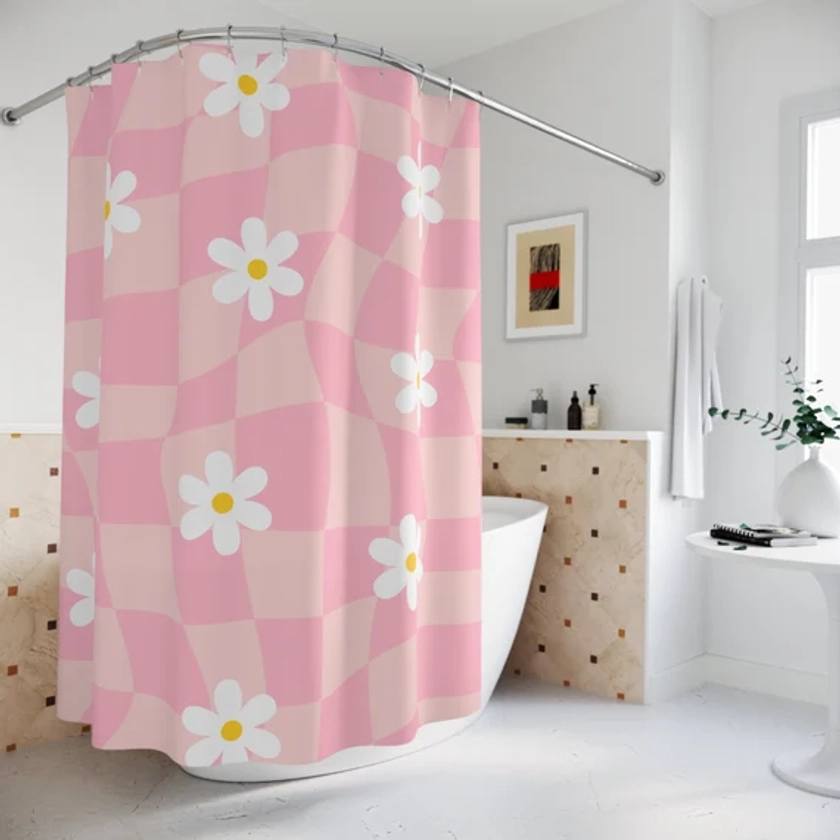 Pink Wavy Checkered Boho Shower Curtain, Checkerboard Daisy Flower Preppy Shower Curtain, Cute Danish Pastel Y2K Decor, Checker 90s Bathroom