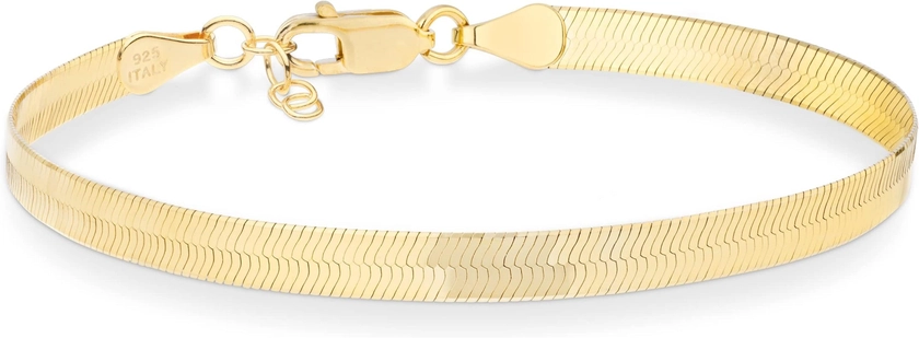 Miabella 18K Gold Over 925 Sterling Silver Italian Solid 4.5mm Flexible Flat Herringbone Link Chain Bracelet for Women Men, Made in Italy