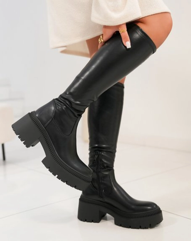 Bottes femme noires effet chaussette avec semelle crantée et talon de 6 cm