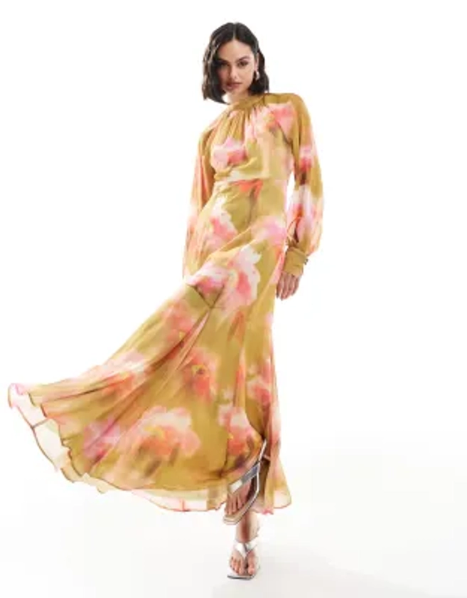 ASOS DESIGN - Robe longue à col montant avec jupe à godets - Vert à imprimé fleurs