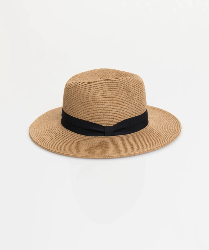 Natural Straw Fedora Hat with Black Ribbon Trim