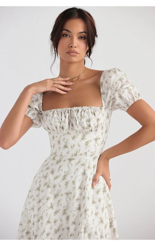 Clothing : Midi Dresses : 'Tallulah' Garden Print Puff Sleeve Midi Dress