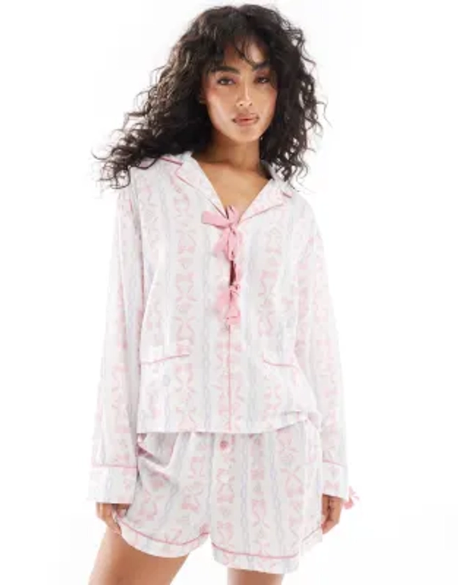 ASOS DESIGN tie front pyjama shirt and short pyjama set in bow print