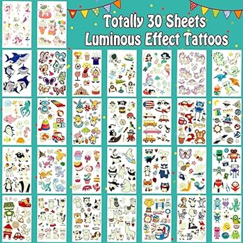 Leesgel Party Bag Fillers for Kids, 380 Styles(30 Sheets) Luminous Temporary Tattoos Stickers for Children Birthday Party Favours, Girls Boys Toys Party Games Stuff Supplies