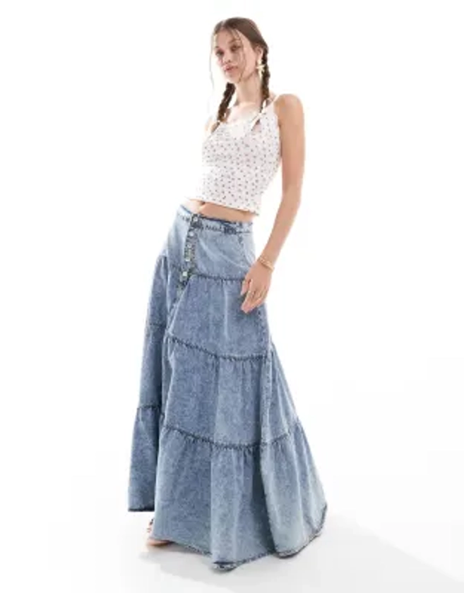 DTT ruffle denim maxi skirt in blue acid wash | ASOS