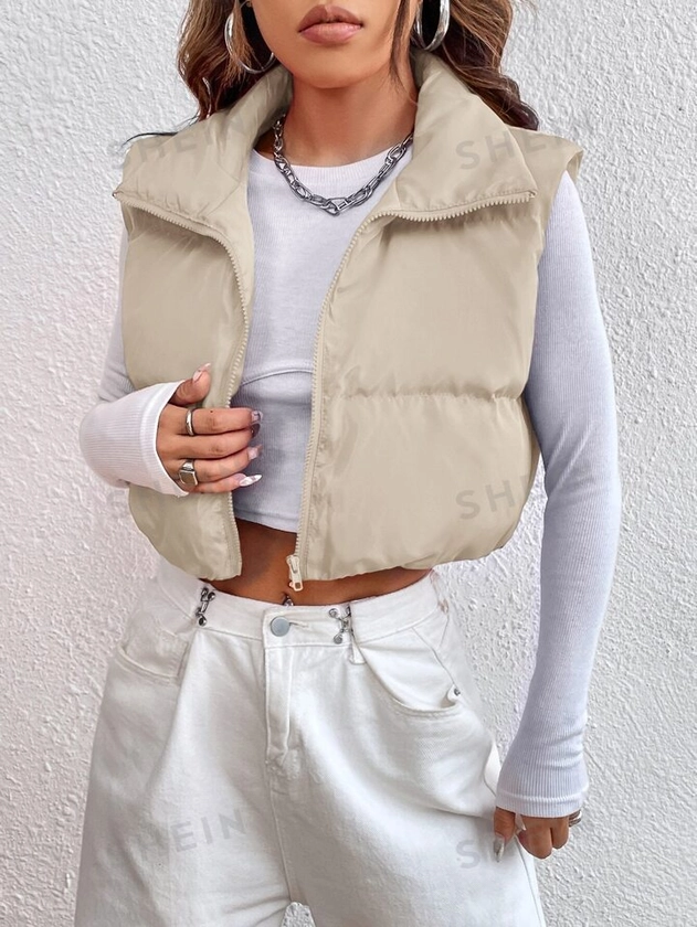 SHEIN EZwear Zipper Front Vest Puffer Khaki Coat