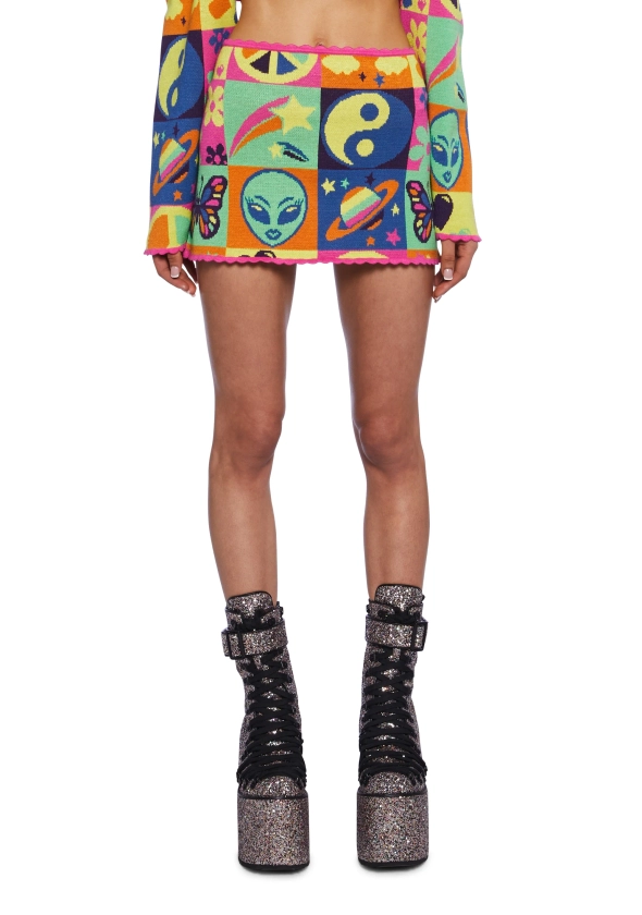 Club Exx Lisa Frank 90s Colorblock Graphic Square Knit Mini Skirt - Multi