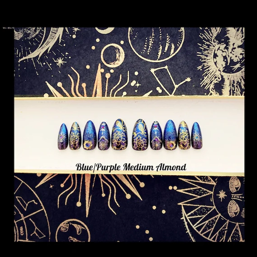 Custom Size Moonchild Nails | Set of 10 Nails- Blue Purple Ombre Nails with Gold Celestial Moons  | Witchy Glam Nails | Boho Press On Nail