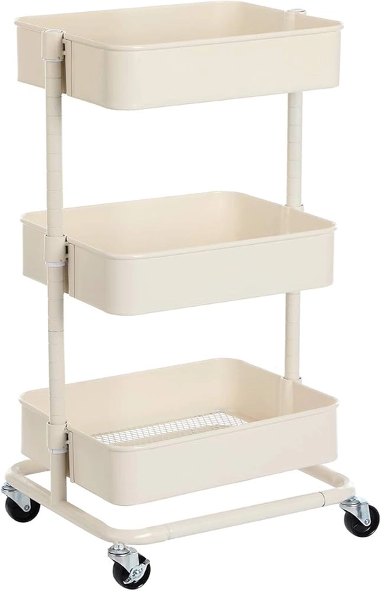 SONGMICS Chariot à 3 niveaux, Desserte, Étagère de rangement mobile, tablette réglable en hauteur, avec 2 freins, montage facile, pour salle de bain, cuisine, bureau, Blanc BSC60WT