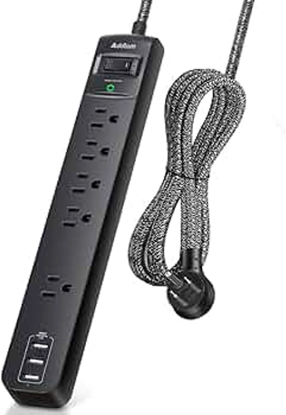 10 Ft Power Strip Surge Protector- 5 Outlets 3 USB Ports, Flat Plug Braided Extension Cord, Overload Surge Protection, Wall Mount for Hotel, Home and Office.