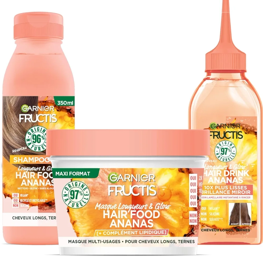 Garnier - Fructis Hair Food Ananas - Coffret Soin Nourrissant Routine pour Cheveux Longs et Ternes - 3 Produits : 1 Masque Multi-Usages + 1 Shampooing + 1 Soin Lamellaire - Vegan