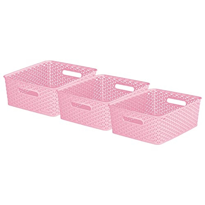 Curver My Style Rattan Effect Set of 3 Kitchen, Living room, Bathroom, Bedroom, Utility Medium Rectangular Storage Baskets 13 Litres - Pink on OnBuy