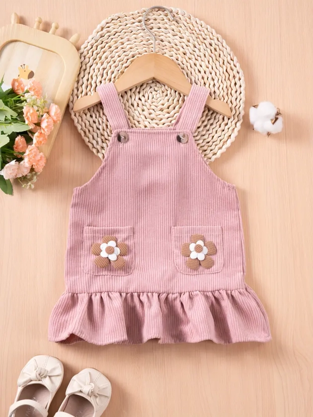 Baby's Casual Flower Decor Pockets Patched Corduroy Dress - Temu Australia