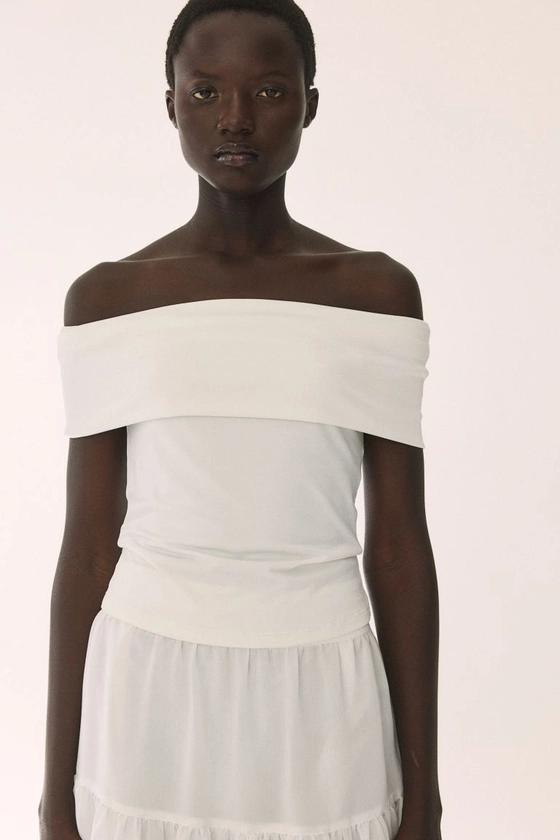 Top épaules nues en jersey - Manches courtes - Longueur classique - Blanc - FEMME | H&M FR