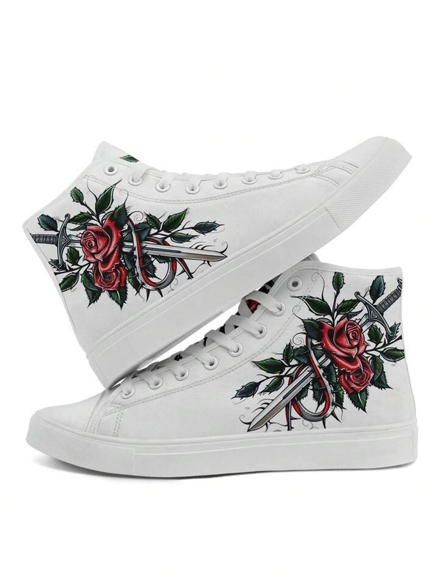 Sword And Rose PLUS SIZE Men's Trendy Style Canvas Novelty Sneakers, Comfy Non Slip Lace Up Shoes For Men's Outdoor Activities