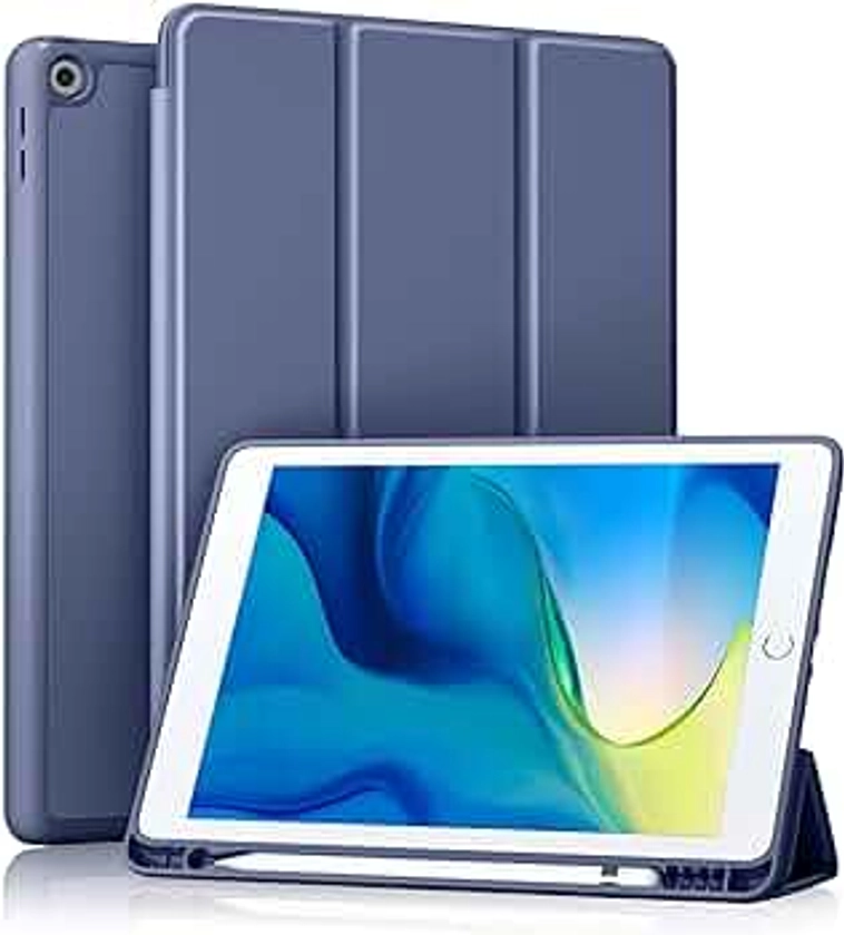 Akkerds Case Compatible with iPad 10.2 Inch 2021/2020 iPad 9th/8th Generation & 2019 iPad 7th Generation with Pencil Holder, Protective Case with Soft TPU Back, Auto Sleep/Wake Cover, Blue Gray
