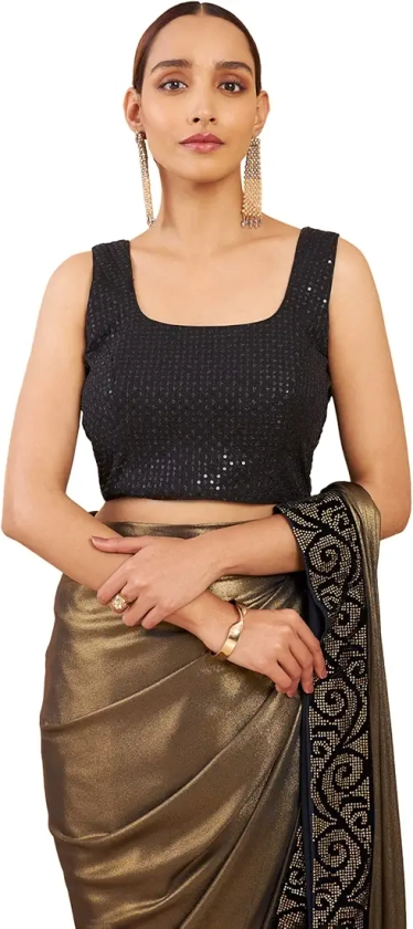 Soch Black Art Silk Boat Neck Blouse with Embroidery and Sequins : Amazon.in: Fashion