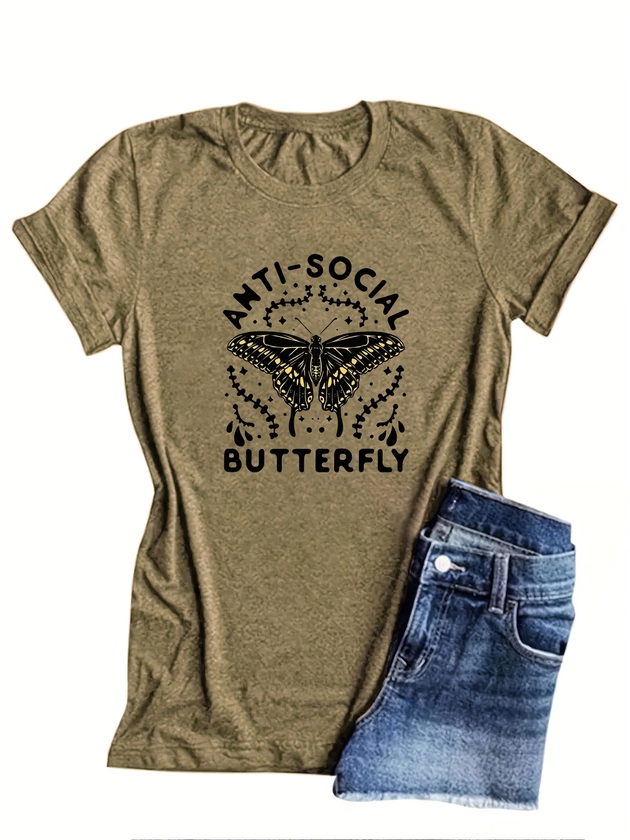 Plus Size Butterfly Print T-shirt, Short Sleeve Crew Neck Casual Top For Spring & Summer, Women's Plus Size Clothing