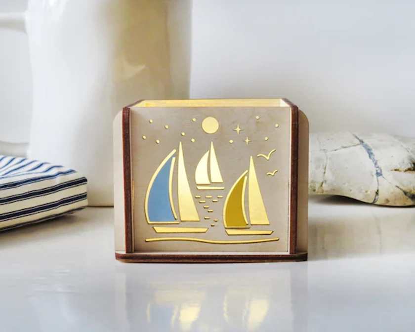 Customisable Sail Away Wooden Tealight box Kit, fathers day, Mothers day, sailing, Christmas gift, secret Santa, Valentines gift, birthday