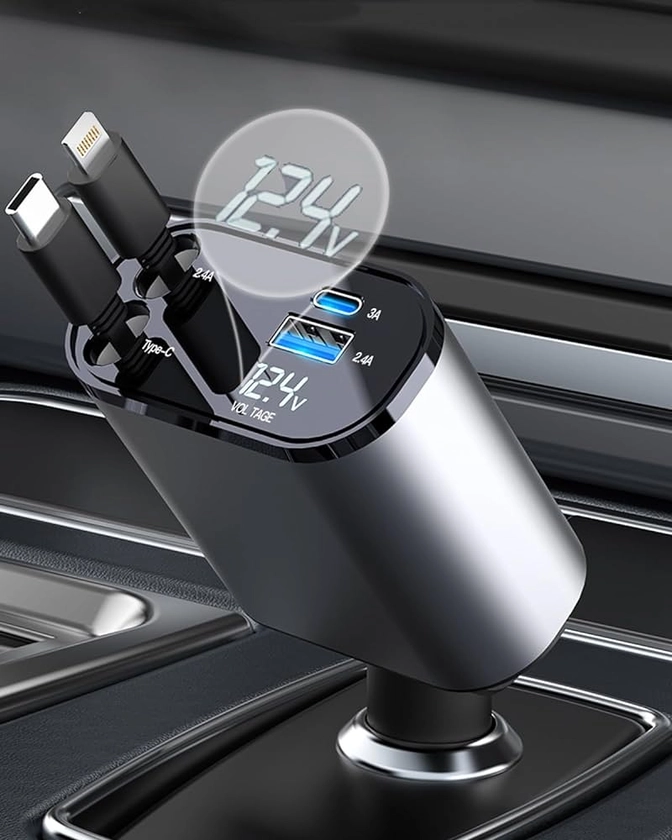 DERLEE Retractable Car Charger 4 in 1 Dual Port USB C PD Fast Charging Car Cigarette Lighter Adapter with Voltage Display Compatible with iPhone 14 13 Pro Max, iPad, Samsung (TypeC&Lightning)