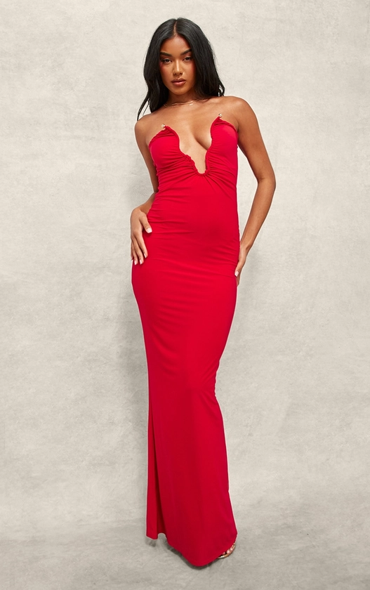 Robe longue bustier douce rouge à empiècement et décolleté