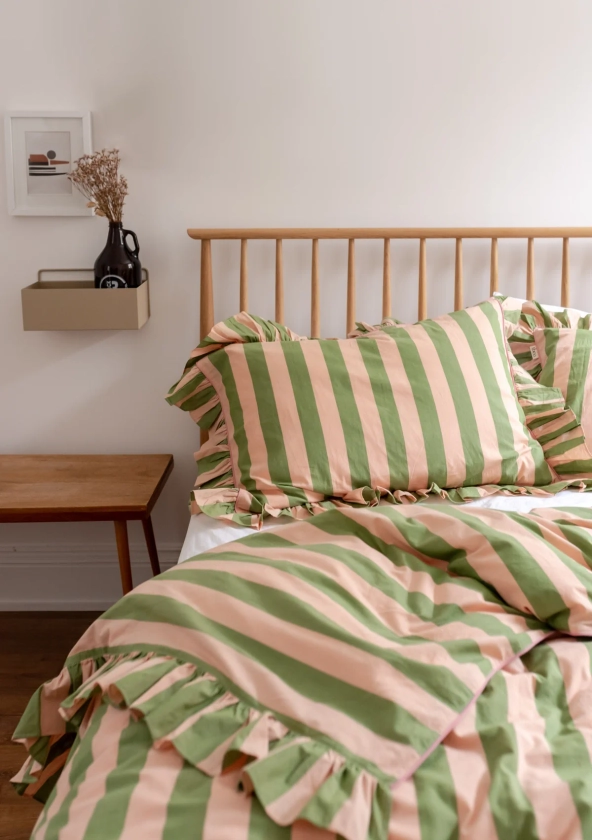 Cotton Duvet Cover and Pillowcase Set in Green Stripe