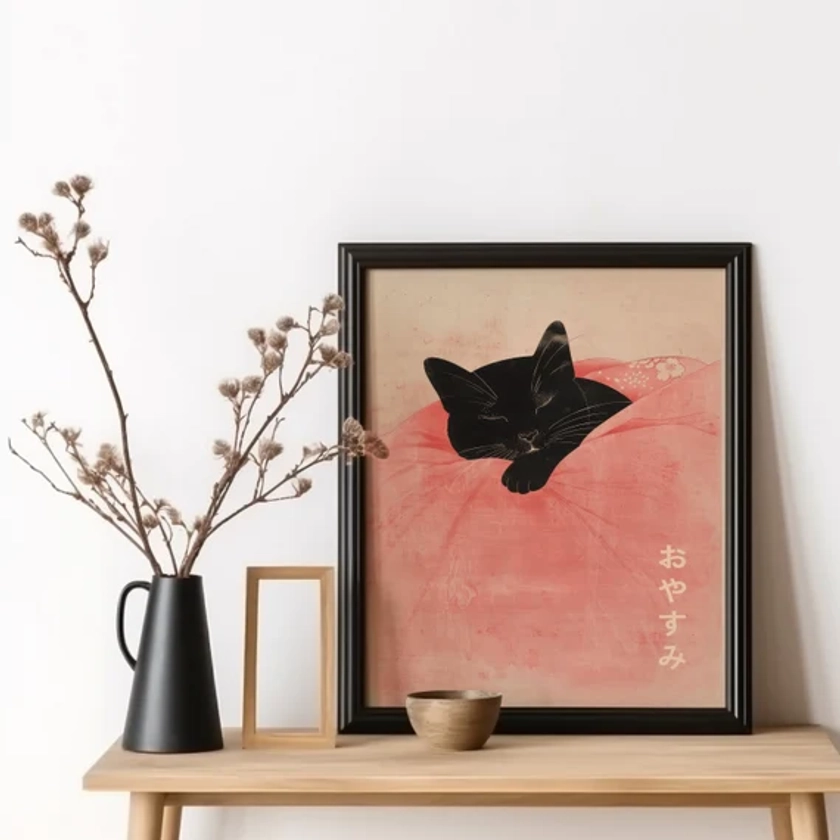 Pink Japanese Cat Wall Art, Oyasumi &quot;Goodnight&quot; in Japanese, Black Cat Poster, Vintage Japanese Art, Japanese Decor, Pink Blanket Cat