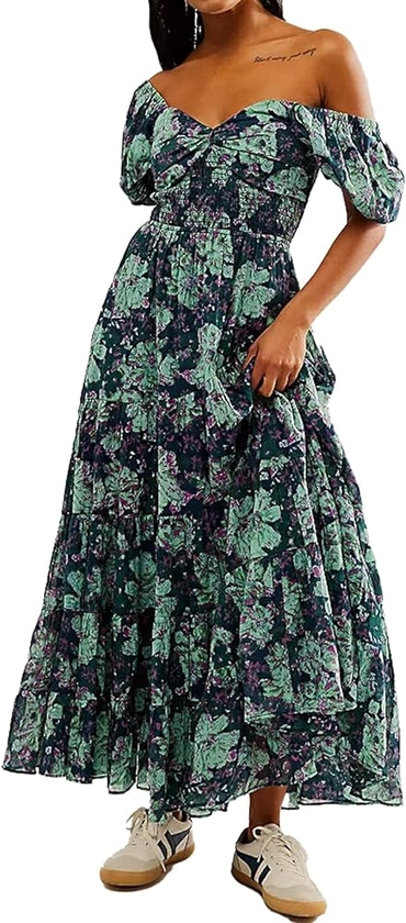 Women Floral Maxi Dress Short Puff Sleeve V Neck Bohemian Flowy Dress Smocked Casual Spring Summer Dresses