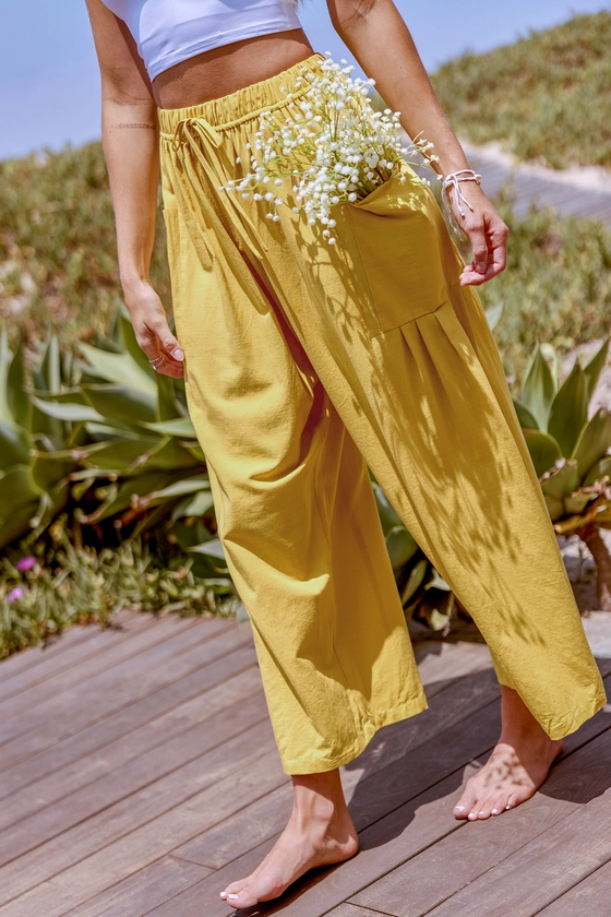 Yellow Drawstring Wide Leg Pants