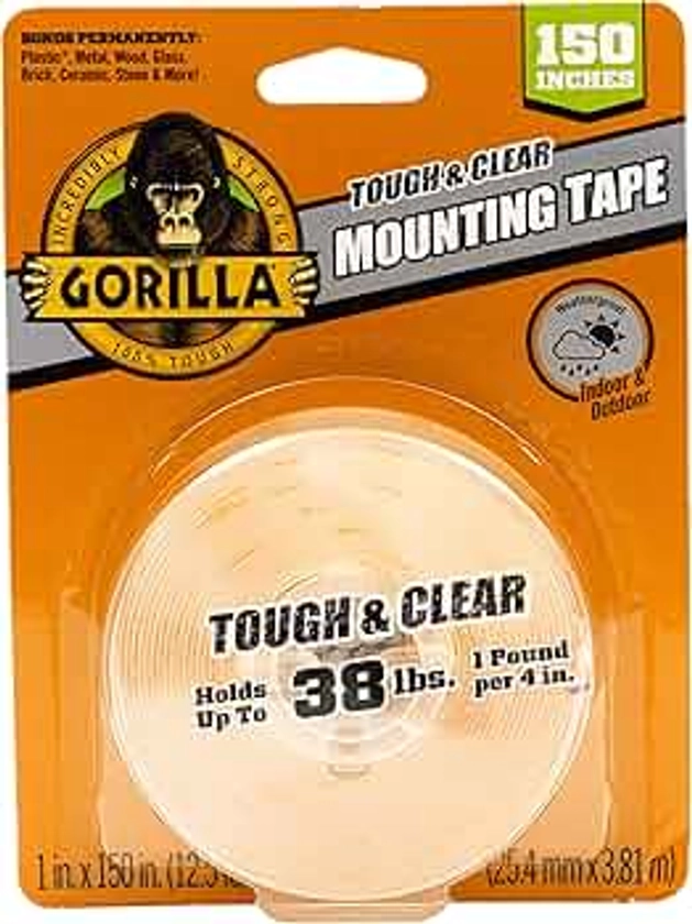 Gorilla Tough & Clear Double Sided Adhesive Mounting Tape, Extra Large, 1" x 150", Clear, (Pack of 1)