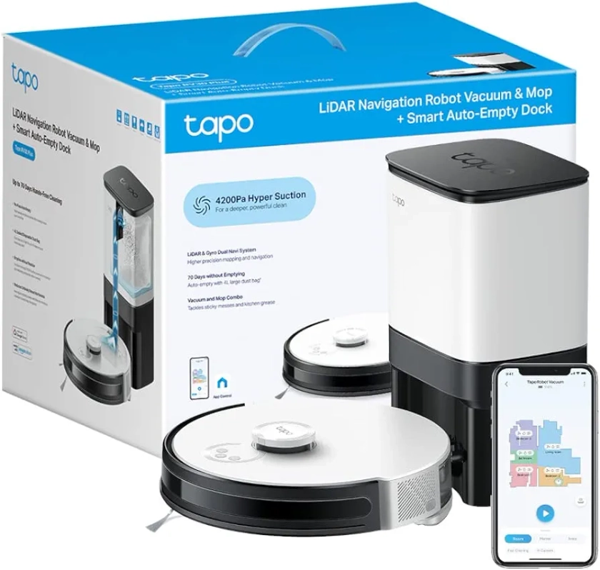 Tapo Robot Vacuum & Mop cleaner,4200Pa Suction,Hands-Free Cleaning for up to 70 days,APP-Controlled, LiDAR Navigation,Auto Carpet Booster,Hard Floors to Carpets,Works with Alexa&Google(Tapo RV30 Plus)